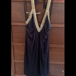 BCBG navy low back halter dress, silver sequence